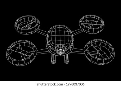 Drone flying with action video camera. Wireframe low poly mesh vector illustration