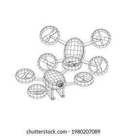 Drone flying with action video camera. Wireframe low poly mesh vector illustration