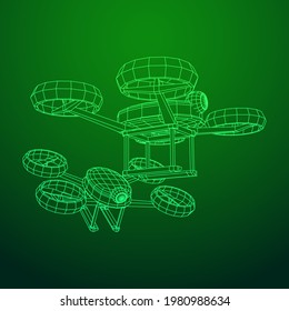 Drone flying with action video camera. Wireframe low poly mesh vector illustration