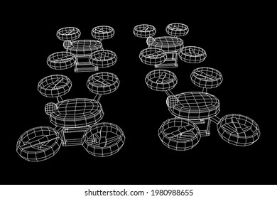 Drohnenfliegen mit Action-Videokamera. Wireframe Low-Poly-Mesh, Vektorgrafik