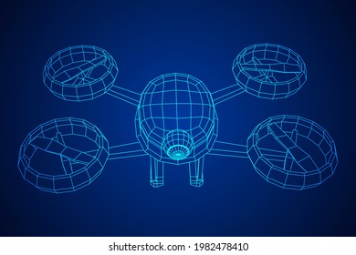 Drone flying with action video camera. Wireframe low poly mesh vector illustration