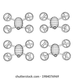 Drone flying with action video camera. Wireframe low poly mesh vector illustration