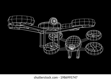 Drones volando con cámara de video de acción. Ilustración vectorial de malla baja de malla de alambre
