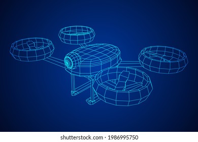 Drone flying with action video camera. Wireframe low poly mesh vector illustration