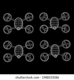 Drohnenfliegen mit Action-Videokamera. Wireframe Low-Poly-Mesh, Vektorgrafik