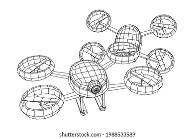 Drone flying with action video camera. Wireframe low poly mesh vector illustration