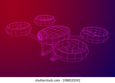 Drohnenfliegen mit Action-Videokamera. Wireframe Low-Poly-Mesh, Vektorgrafik