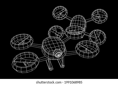 Drone flying with action video camera. Wireframe low poly mesh vector illustration