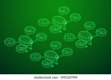 Drone flying with action video camera. Wireframe low poly mesh vector illustration