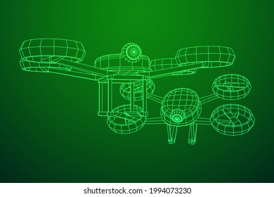 Drone flying with action video camera. Wireframe low poly mesh vector illustration
