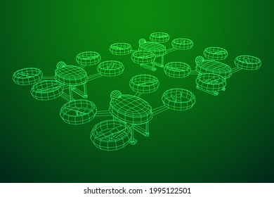 Drone flying with action video camera. Wireframe low poly mesh vector illustration
