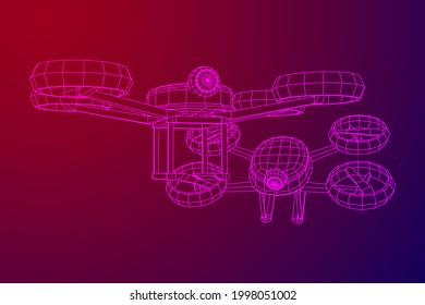 Drohnenfliegen mit Action-Videokamera. Wireframe Low-Poly-Mesh, Vektorgrafik