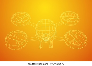 Drone flying with action video camera. Wireframe low poly mesh vector illustration