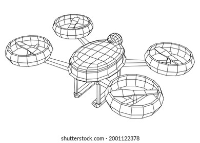 Drone flying with action video camera. Wireframe low poly mesh vector illustration