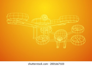 Drone flying with action video camera. Wireframe low poly mesh vector illustration