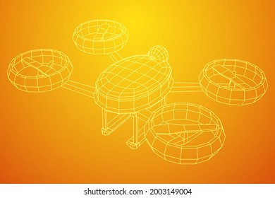 Drohnenfliegen mit Action-Videokamera. Wireframe Low-Poly-Mesh, Vektorgrafik