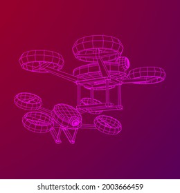 Drones volando con cámara de video de acción. Ilustración vectorial de malla baja de malla de alambre