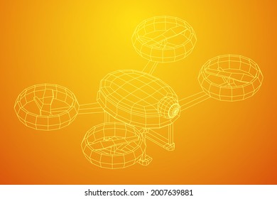 Drone flying with action video camera. Wireframe low poly mesh vector illustration