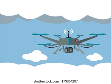 Drone Flying for Aerial Photography or Video Shooting. Flat Vector Design