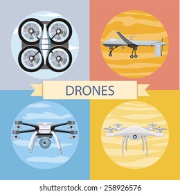 Drone flying for aerial photography or video shooting. Set of different quadrocopters icons. Concept in flat design style. For web banners, marketing and promotional materials, presentation templates