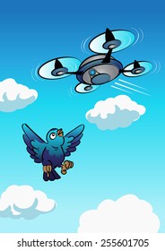 Drone flying approach the bird in the sky