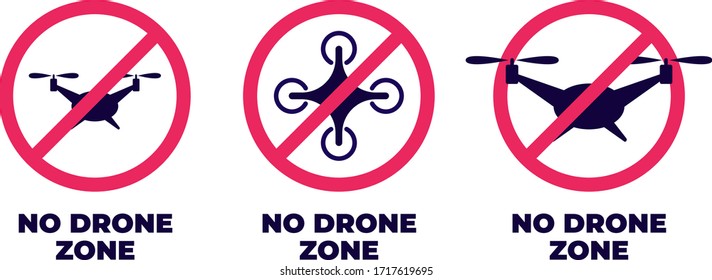 Concepto de aviación voladora de drones. Conjunto de ilustraciones planas vectoriales. Colección del signo de advertencia rojo circular con drones prohibidos aislados en fondo blanco. Diseño para banner, afiche, web