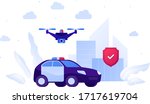 Drone flying aviation and police service concept. Vector flat illustration. Unmanned robot, blue car with siren and protection shield on city building background. Design for banner, poster, web
