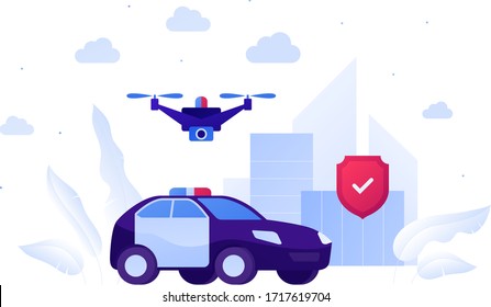 Drone flying aviation and police service concept. Vector flat illustration. Unmanned robot, blue car with siren and protection shield on city building background. Design for banner, poster, web