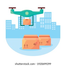 drone flying with boxes carton delivery service icons vector illustration design