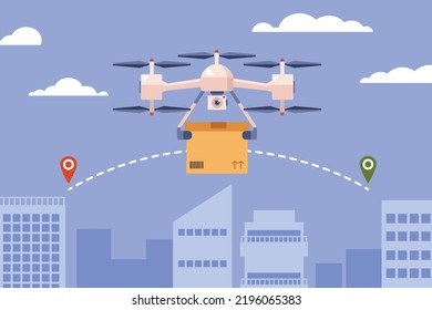 Drone flying with cardboard package, delivering it to destination - flat vector illustration. Modern unmanned quadcopter holding box, futuristic postal services in the city.