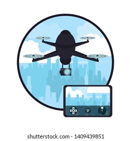 Drone flying in the city by remote control round icon vector illustration graphic design