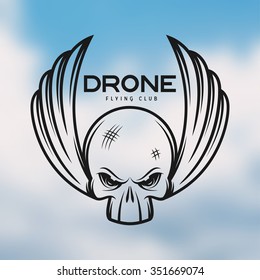 Drone flying club emblem. Vintage vector illustration. Label, badge for sport team. Skull monochrome illustration.