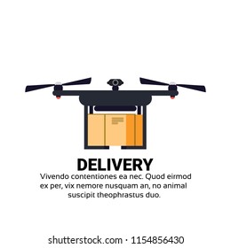 Drone flying delivery air package shipment carry quadrocopter isolated flat copy space vector illustration