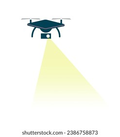 Drone flying and filming with its camera. Icon, symbol. Technology. Flat style colorful vector illustration isolated on white background.