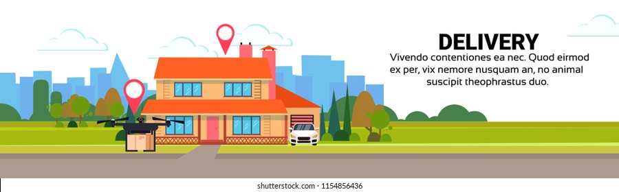 Drone Flying Geo Tag Delivery Air Package Shipment Destination Navigation Carry Quadrocopter House Yard Exterior Horizontal Banner Flat Copy Space Vector Illustration