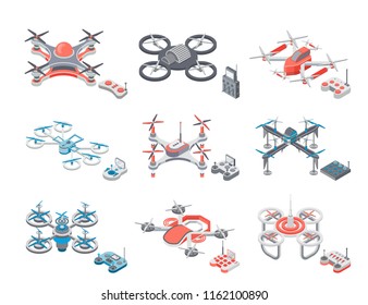 Drone flying items icons set vector isolated isometric 3d. Objects small helicopters innovative modern robots on remote control. Aerial propellers