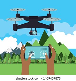 Drone flying in the nature by remote control vector illustration graphic design