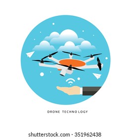 drone flying on the blue sky flat design