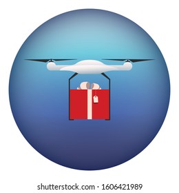 Drone flying on a white background and bears a gift, the red box. Illustration vector icon eps10