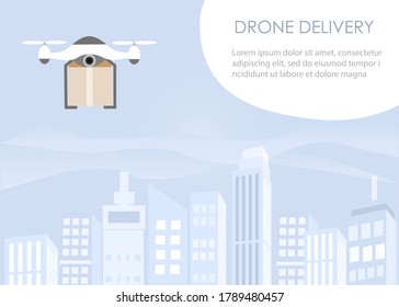 Drone flying over city buildings background, delivery cardboard box to customer. Idea for drone delivery service, modern autonomous transportation in logistic system. 