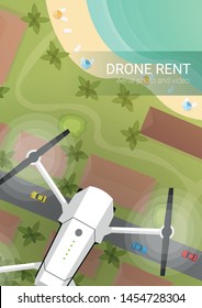 Drone flying over city and sea or beach. Aerial Drone taking photography and video