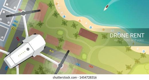 Drone flying over city and sea or beach. Aerial Drone taking photography and video