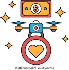 Um drone está voando sobre uma nota de um dólar com um coração nela. Conceito de riqueza e amor, como o drone representa a riqueza e o coração representa o amor que pode ser compartilhado com os outros