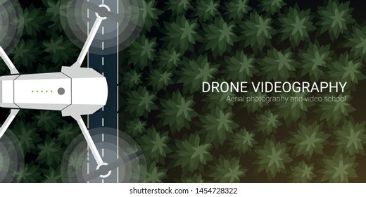 Drone flying over forest. Aerial Drone taking photography and video