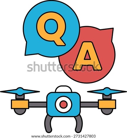 A drone is flying over a Q and A sign. The drone is a symbol of technology and innovation, while the Q and A sign represents curiosity and the desire to learn. Concept of using technology to explore