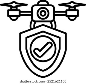 A drone is flying over a shield with a check mark on it. The drone is equipped with a camera and is likely used for surveillance or photography purposes. The shield represents protection or security
