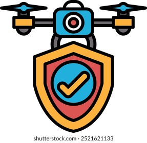 A drone is flying over a shield with a check mark on it. The drone is equipped with a camera and is likely used for surveillance or photography purposes. The shield represents protection or security