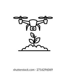 drone flying over small plant in soil