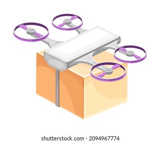 Drone flying with package box. Modern delivery service technology vector illustration