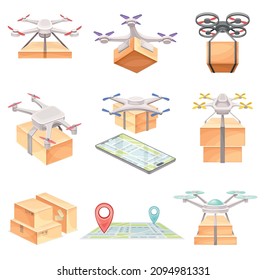 Drone flying with parcel boxes set. Modern delivery service technology vector illustration